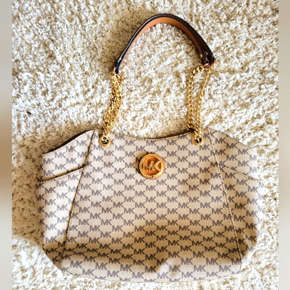 Michael Kors Beige MK Logo Shoulder Bag